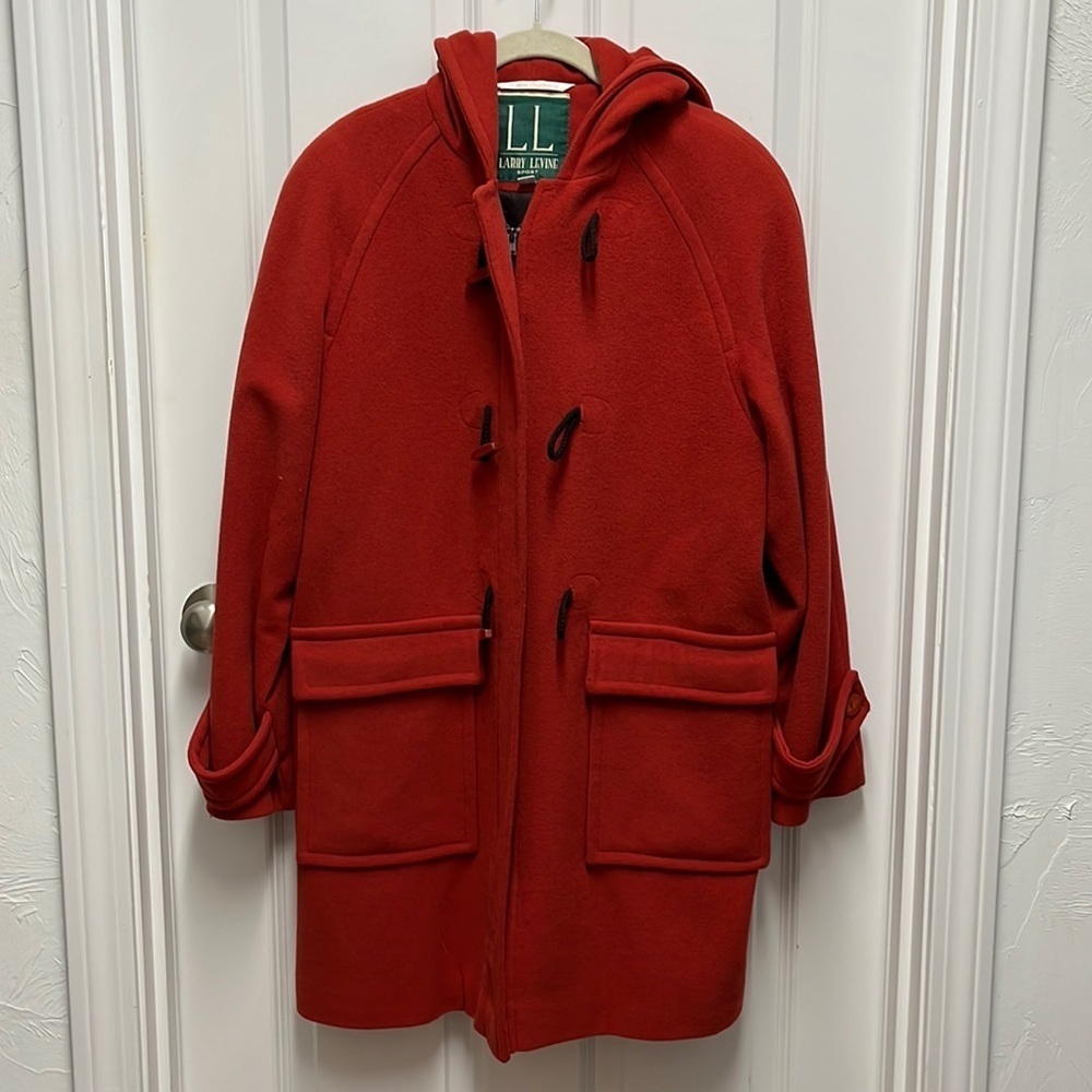 Vintage Larry Levine 80s Vermilion Hooded Wool Duffle Oversized Cozycore Coat